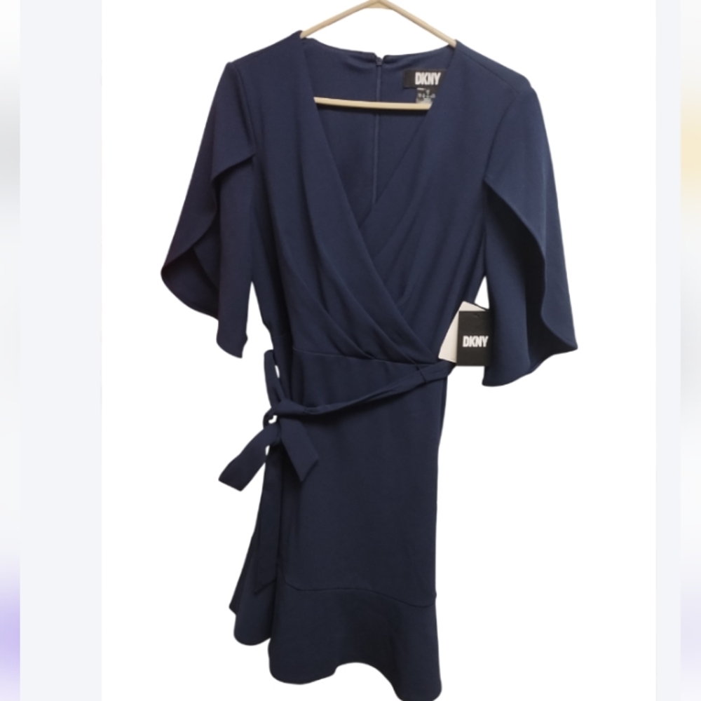 NWT DKNY  Donna Karan Surplice-Neck Tulip-Sleeve Belted Navy Dress